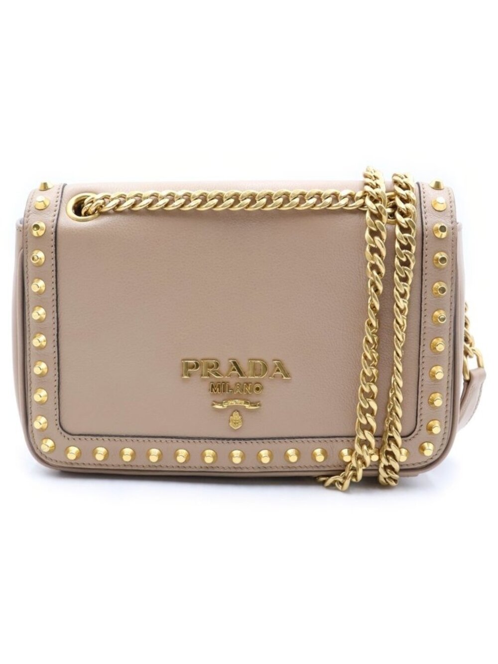 Prada Studded Shoulder Bag Beige Leather Gold